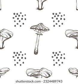 Seamless Doodle pattern with mushroom illustration. Endless background with mushroom in silhouette. Minimal style. Perfect for cards, party invitations, posters, nursery, stickers, clothing