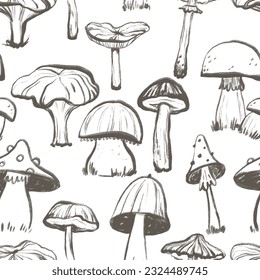 Seamless Doodle pattern with mushroom illustration. Endless background with mushroom in silhouette. Minimal style. Perfect for cards, party invitations, posters, nursery, stickers, clothing