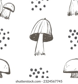 Nahtlose Doodle-Muster mit Pilzgrafik. Endloser Hintergrund mit Pilz in Silhouette. Minimaler Stil. Perfekt für Karten, Einladungen zu Feiern, Poster, Kindergarten, Aufkleber, Kleidung