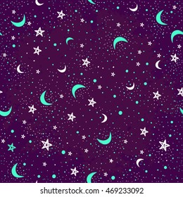 Seamless doodle pattern of night sky with stars and moons. Boho style illustration. Can be useful for textiles , wrapping paper or wallpapers. Isolated vector illustration