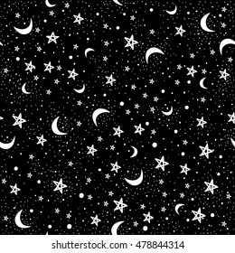 Seamless doodle pattern of night sky with stars and moons. Boho style illustration. Can be useful for textiles , wrapping paper or wallpapers. Isolated vector illustration