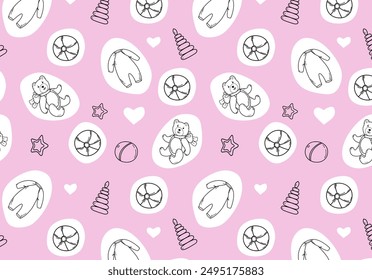 Seamless doodle pattern on a children's theme. Children's toys. Line art. Pink background. For packaging, children's room, nursery decor, Wallpaper and children's textiles.