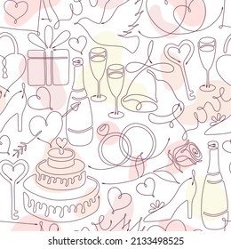 Seamless doodle pattern with one line drawing of romantic symbols and abstract shapes of pastel colors. For Wedding, Valentine day, Engagement events.