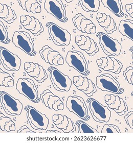 Seamless doodle pattern with oysters in la dolce vita  Italian style. Blue on white hand-drawn vector illustration. Ideal for wall art, invitations, menu designs and decorative prints.