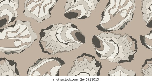 Padrão de rabiscar sem emenda com ostras. Ilustração de vetor desenhada à mão neutra. Ideal para arte de parede, convites, desenhos de menu e impressões decorativas.