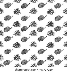 Seamless doodle pattern with pine cones. Hand drawn vector illustration in vintage style. Sketch background for print.