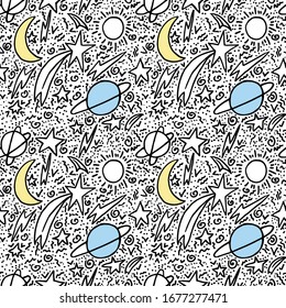 Patrón de doodle impecable. Planetas, estrellas y meteoritos. Fondo vectorial. Elementos lineales divertidos sobre un fondo blanco. Para envoltura, textil, papel pintado, fondo