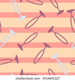 Seamless doodle pattern with purple and blue colored circus ring print. Pink striped pastel background. Stock illustration. Vector design for textile, fabric, giftwrap, wallpapers.