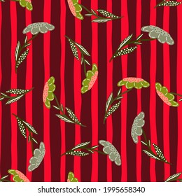 Seamless doodle pattern with random flowers silhouettes print. Red and maroon striped background. Decorative backdrop for fabric design, textile print, wrapping, cover. Vector illustration.