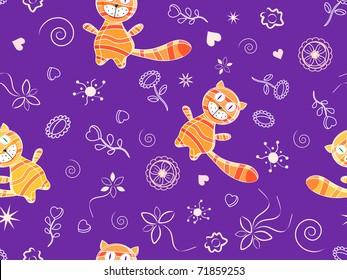 seamless doodle pattern with red cats on dark violet background