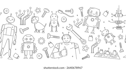 Seamless Doodle Pattern with Robots, Tools, and Microchips STEM and Engineering Theme. Line Art Robotics Pattern. Tech Elements Doodle STEM Education Pattern with Mechanical Parts and Robots