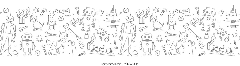 Padrão de doodle contínuo com robôs, ferramentas e microchips STEM e tema de engenharia. Padrão de Robótica Line Art. Tecnologia Elementos Doodle STEM padrão de educação com peças mecânicas e robôs