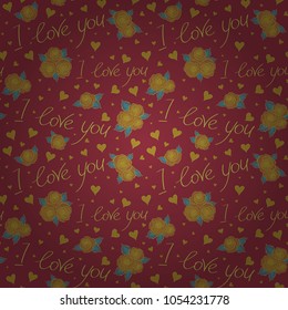 Seamless doodle pattern. Rose flower, love text and letter, hearts in red, brown and yellow colors. Abstract seamless pattern. Exotic vector pattern. Summer and spring design.