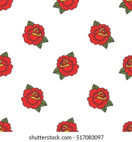 seamless doodle pattern. rose flower. traditional tattoo flash. vector illustration