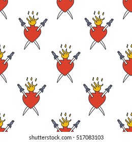 seamless doodle pattern. sacred heart. traditional tattoo flash. vector illustration