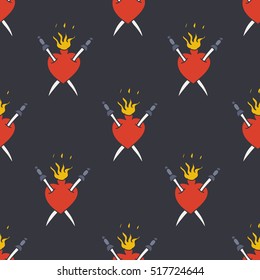 seamless doodle pattern. sacred heart. traditional tattoo flash. vector illustration