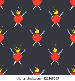 seamless doodle pattern. sacred heart. traditional tattoo flash. vector illustration