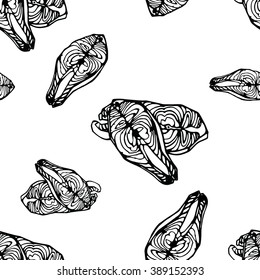 seamless doodle pattern. salmon steak. vector illustration