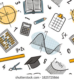 Seamless doodle pattern with school algebra elements. Pattern with mathematical objects: ruler, book, calculator, compass, charts, graphs and others. Vector background. 