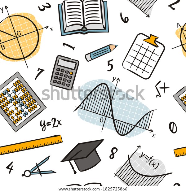 Seamless doodle
pattern with school algebra elements. Pattern with mathematical
objects: ruler, book, calculator, compass, charts, graphs and
others. Vector background.
