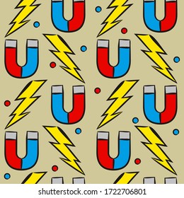 Seamless doodle pattern with school elements. Pattern with physics objects: molecules, magnet, light bulb, lightning, discharge. Vector background.
