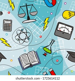 Seamless doodle pattern with school elements. Pattern with physics objects: ammeter, molecules, flask, calculator, magnet, light bulb, lightning, discharge. Vector background.