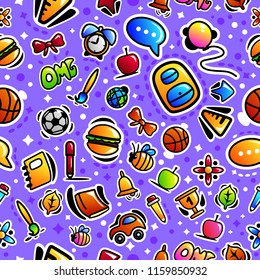 Seamless doodle pattern with school items and symbols related to school theme. Template for cover or wrapper design. Stylish cartoon background 