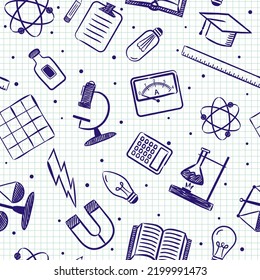 Seamless doodle pattern with school physical elements. Pattern with hand drawn education objects, magnet, electricity, experiments on checkered notebook sheet. Vector background for Physics