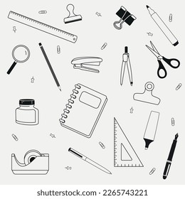 Seamless doodle or pattern 
school stationery set icon ( pen, pencil, book, ruler, ink, magnifying glass, stamp ). Editable vector illustration.