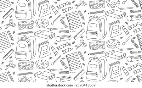 Seamless doodle pattern with school supplies. Black and white background withbackpack, notebook, textbook, pencil case, ruler, pencil, brush, scissors, paints, palette, paper clips