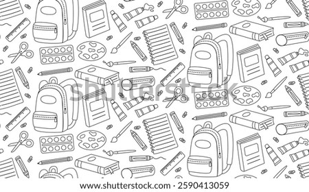 Seamless doodle pattern with school supplies. Black and white background withbackpack, notebook, textbook, pencil case, ruler, pencil, brush, scissors, paints, palette, paper clips