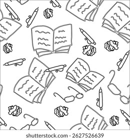 Seamless doodle pattern with school-themed elements books, pens, glasses, and crumpled paper sheets. Black and white line graphics for office decoration, packaging