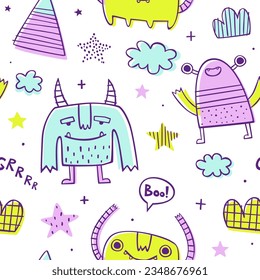 Seamless doodle pattern with sketch monsters for baby. Abstract vector print with naive monsters for kids textile.