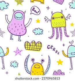 Seamless doodle pattern with sketch monsters for baby. Scribble vector print with naive monsters for kids textile.