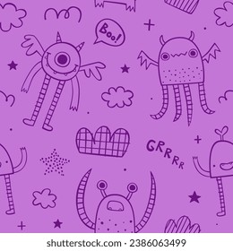 Seamless doodle pattern with sketch monsters for baby. Scribble vector print with naive outline monsters.