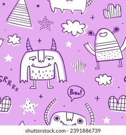 Seamless doodle pattern with sketch monsters for baby. Funny vector print with naive monsters for kids textile.