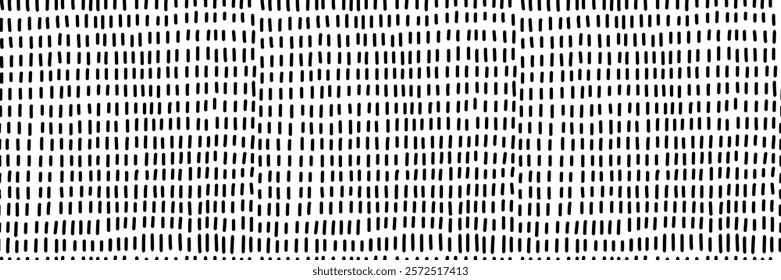 Seamless doodle pattern with small vertical dashes. Abstract black hand drawn lines on a white background. Minimalist texture, perfect for packaging, fabric prints, stationery. Vector illustration