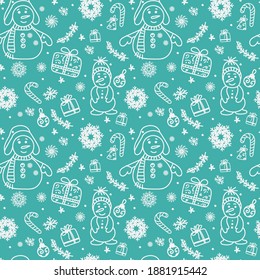 seamless doodle pattern with snowmen and snowflakes