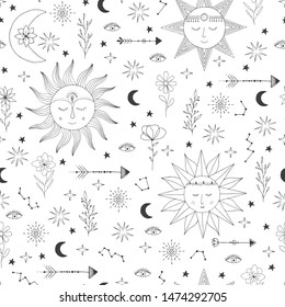 Seamless doodle pattern with stars, comets, suns, moon, constellation, Children wallpaper background. 