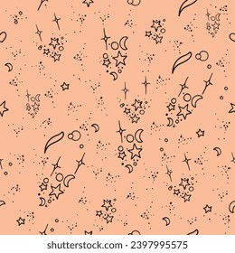 Seamless doodle pattern with stars and moons on Peach Fuzz background. Boho style illustration. Can be useful for textiles , wrapping paper or wallpapers. Vector illustration