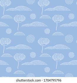 Seamless Doodle pattern. Stylized hills, flowers and sun. Hand drawn vector backgrounds for fabric and other surfaces