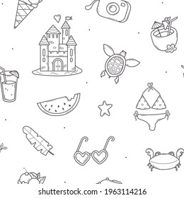 Seamless Doodle Pattern with Summer Beach Elements in Sketch style. Hand Drawn Line Summer Accessories, Cocktails, Fruits, Marine Animals, sand Castle.Outline Tropical Vacation Objects.