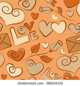 Seamless doodle pattern. Summer and spring design. Rose flower, love text and letter, haerts in yellow, beige and orange colors. Exotic vector pattern. Abstract seamless pattern.