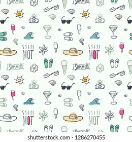 Seamless doodle pattern with summer vacation and beach themes - textile or bedsheet quirky design vector.