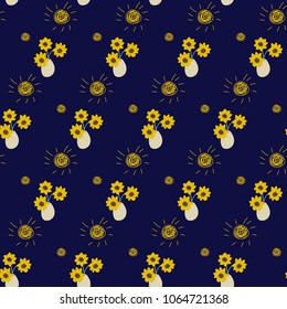Seamless doodle pattern sunflowers and sun yellow on dark blue background