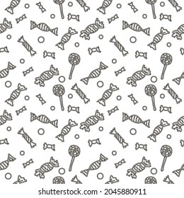 
Nahtlose Doodle-Muster mit Süßigkeiten, Lollipops und Bonbons.