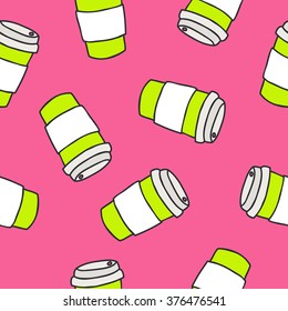 seamless doodle pattern. take away coffee cup. vector illustration
