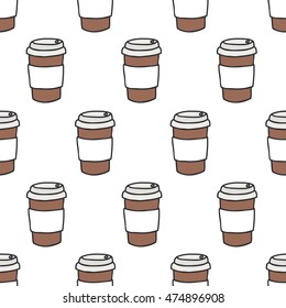 seamless doodle pattern. take away coffee cup. vector illustration