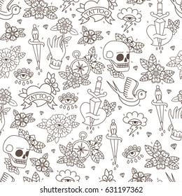 Seamless Doodle Pattern. Traditional Old School Tattoo.