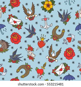 seamless doodle pattern. traditional tattoo flash. vector illustration